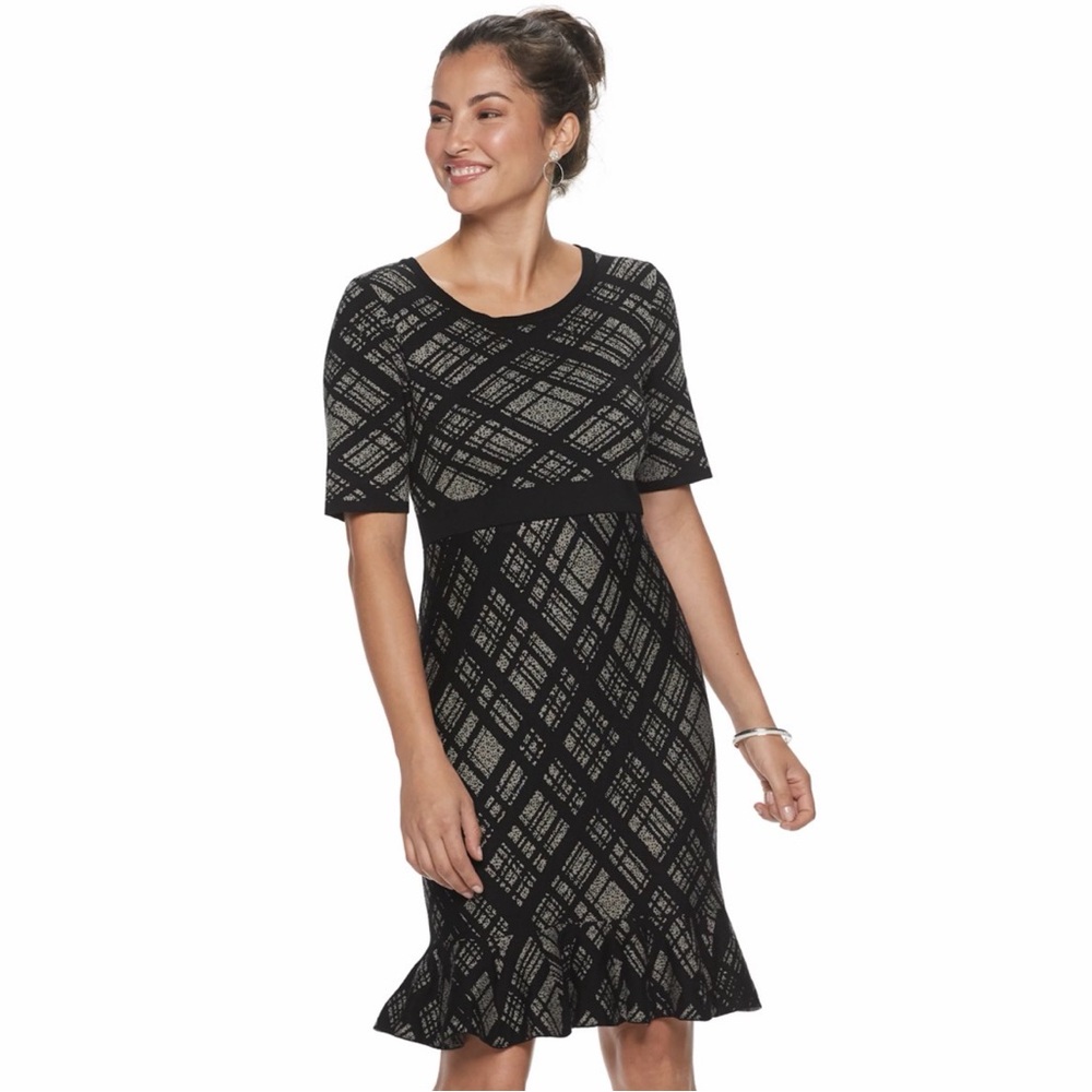 Nina Leonard Plaid Flounce-Hem Dress